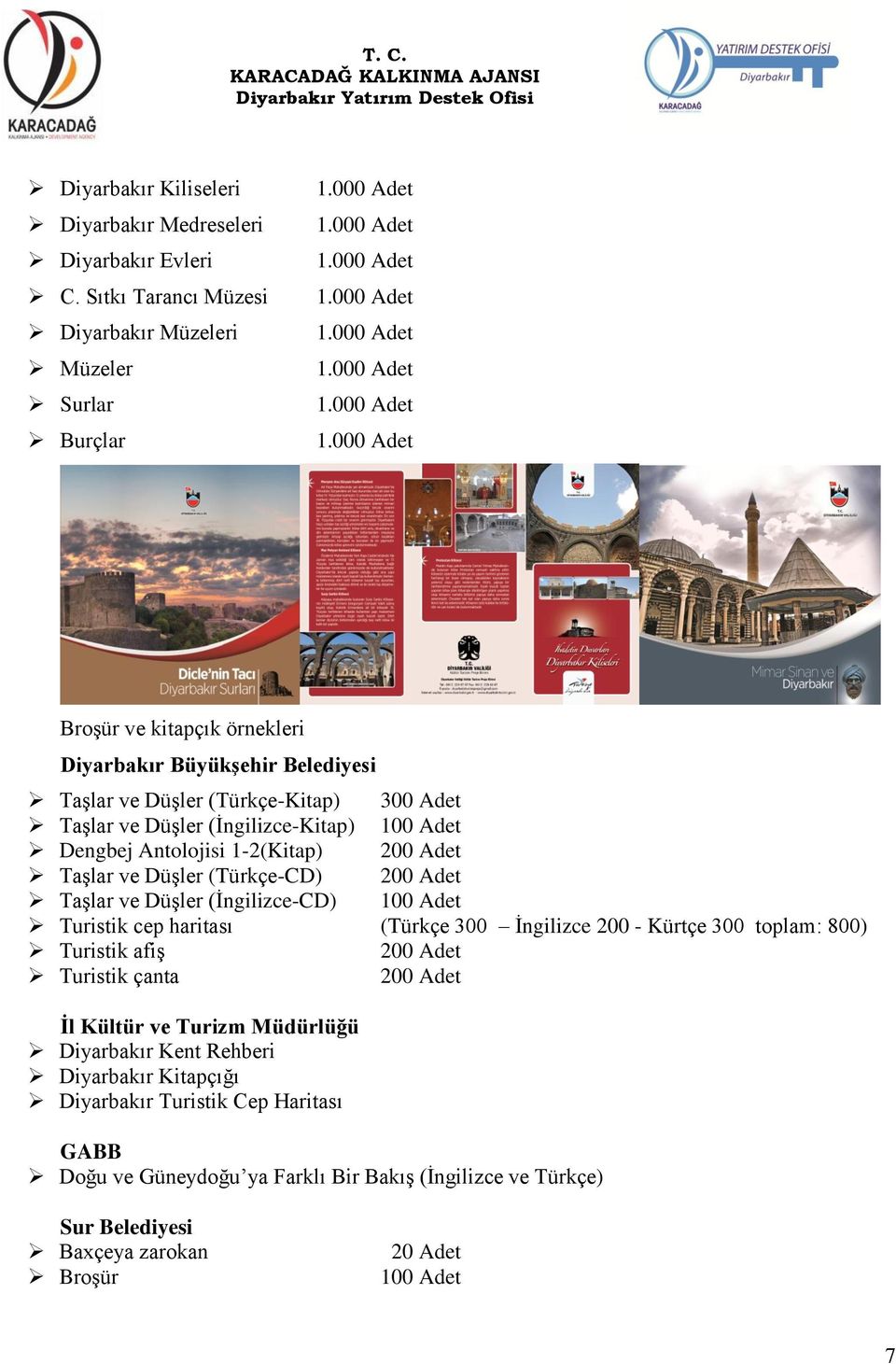 (İngilizce-Kitap) 100 Adet Dengbej Antolojisi 1-2(Kitap) 200 Adet Taşlar ve Düşler (Türkçe-CD) 200 Adet Taşlar ve Düşler (İngilizce-CD) 100 Adet Turistik cep haritası (Türkçe 300