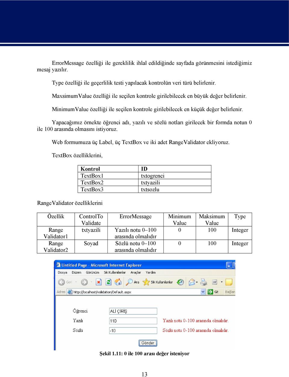 Yapacağımız örnekte öğrenci adı, yazılı ve sözlü notları girilecek bir formda notun 0 ile 100 arasında olmasını istiyoruz. Web formumuza üç Label, üç TextBox ve iki adet RangeValidator ekliyoruz.