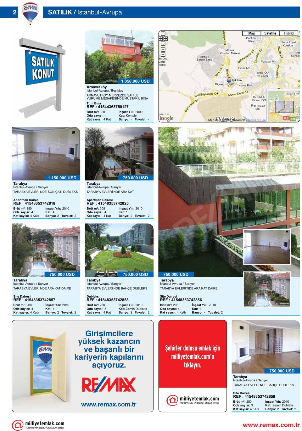 000 USD Brüt m 2 : 350 Oda sayısı: 4 Kat: 4 TARABYA EVLERİ NDE ARA KAT Apartman Dairesi REF : 41548353742825 750.