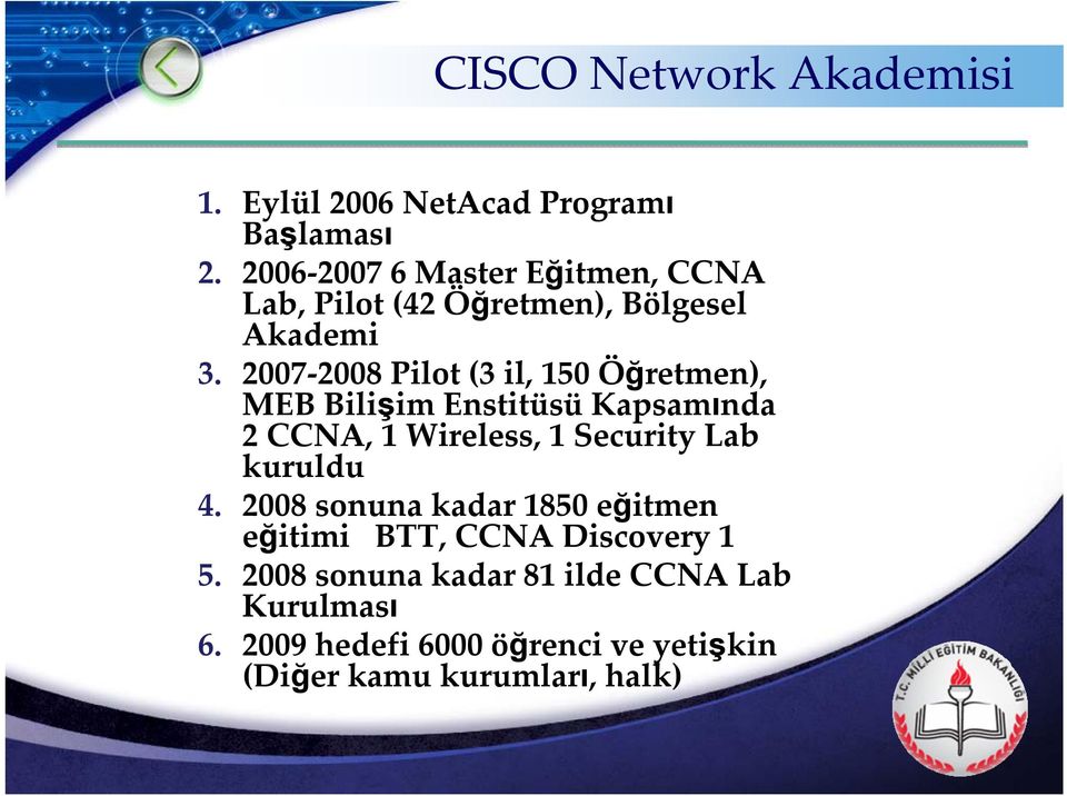 2007 2008 Pilot (3 il, 150 Öğretmen), MEB Bilişim Enstitüsü Kapsamında 2 CCNA, 1 Wireless, 1 Security Lab