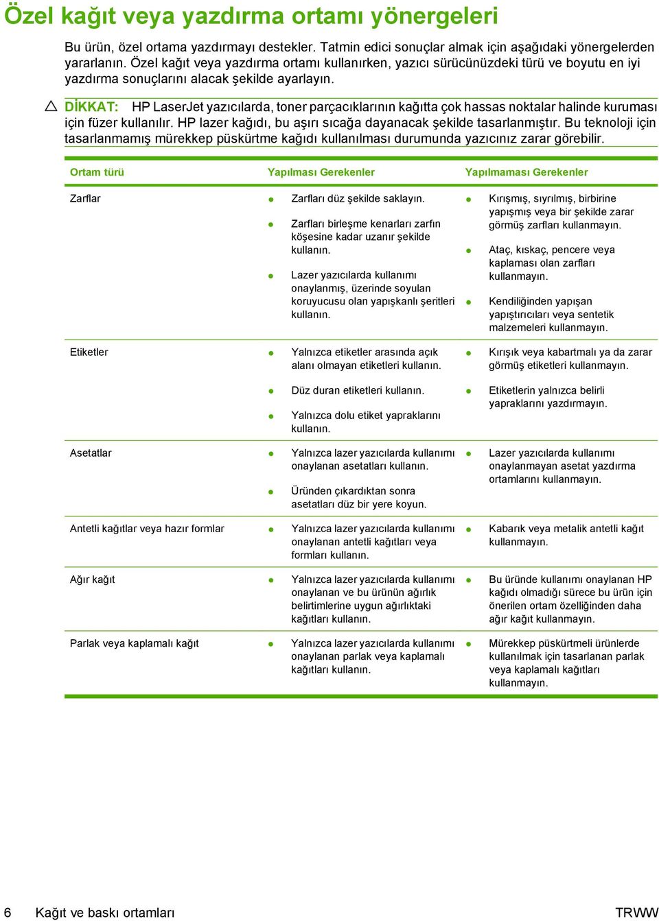 DİKKAT: HP LaserJet yazıcılarda, toner parçacıklarının kağıtta çok hassas noktalar halinde kuruması için füzer kullanılır. HP lazer kağıdı, bu aşırı sıcağa dayanacak şekilde tasarlanmıştır.