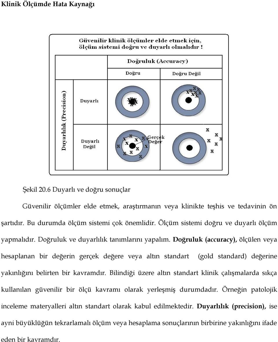 Doğruluk (accuracy), ölçülen veya hesaplanan bir değerin gerçek değere veya altın standart (gold standard) değerine yakınlığını belirten bir kavramdır.