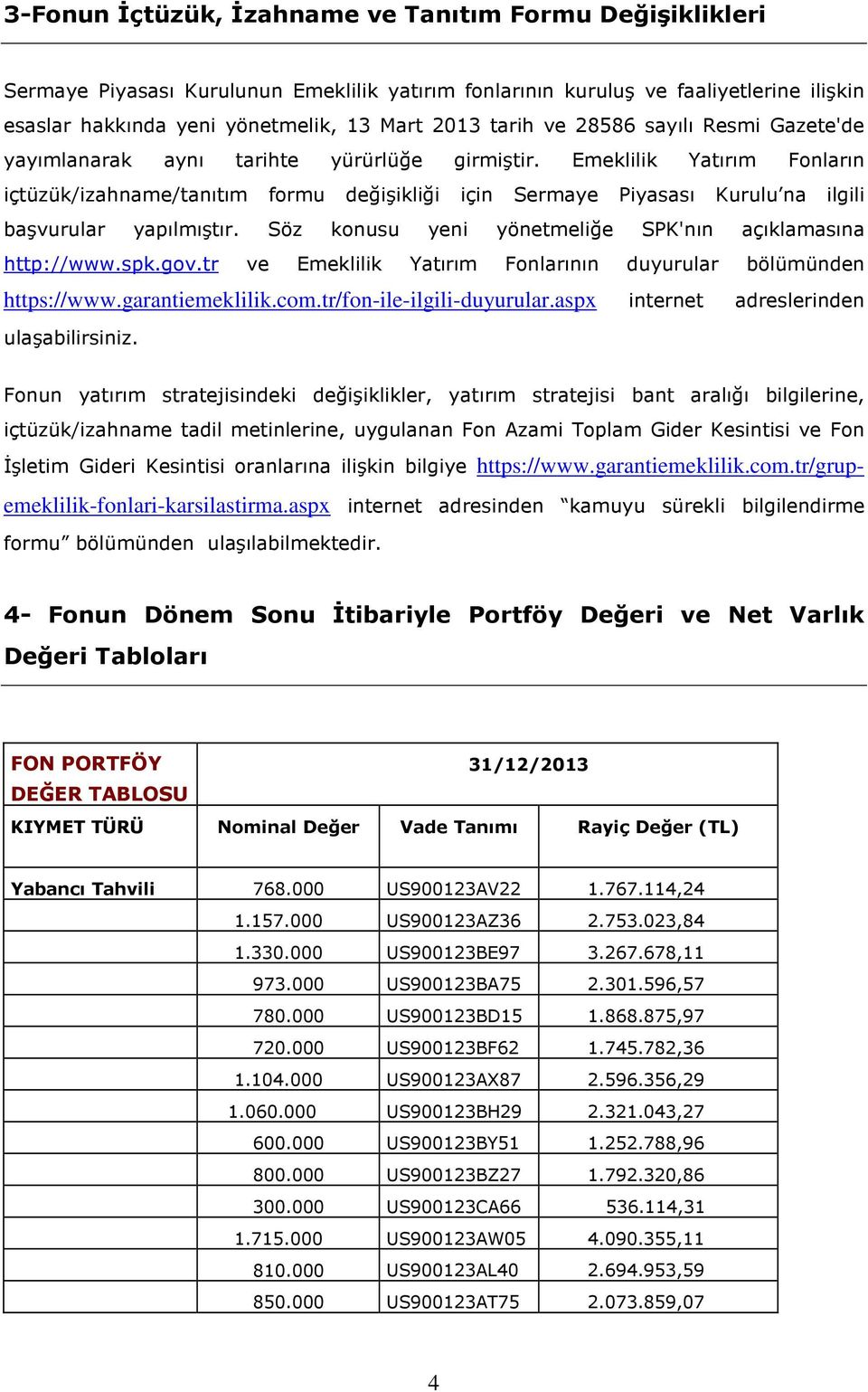 Emeklilik Yatırım Fonların içtüzük/izahname/tanıtım formu değişikliği için Sermaye Piyasası Kurulu na ilgili başvurular yapılmıştır. Söz konusu yeni yönetmeliğe SPK'nın açıklamasına http://www.spk.