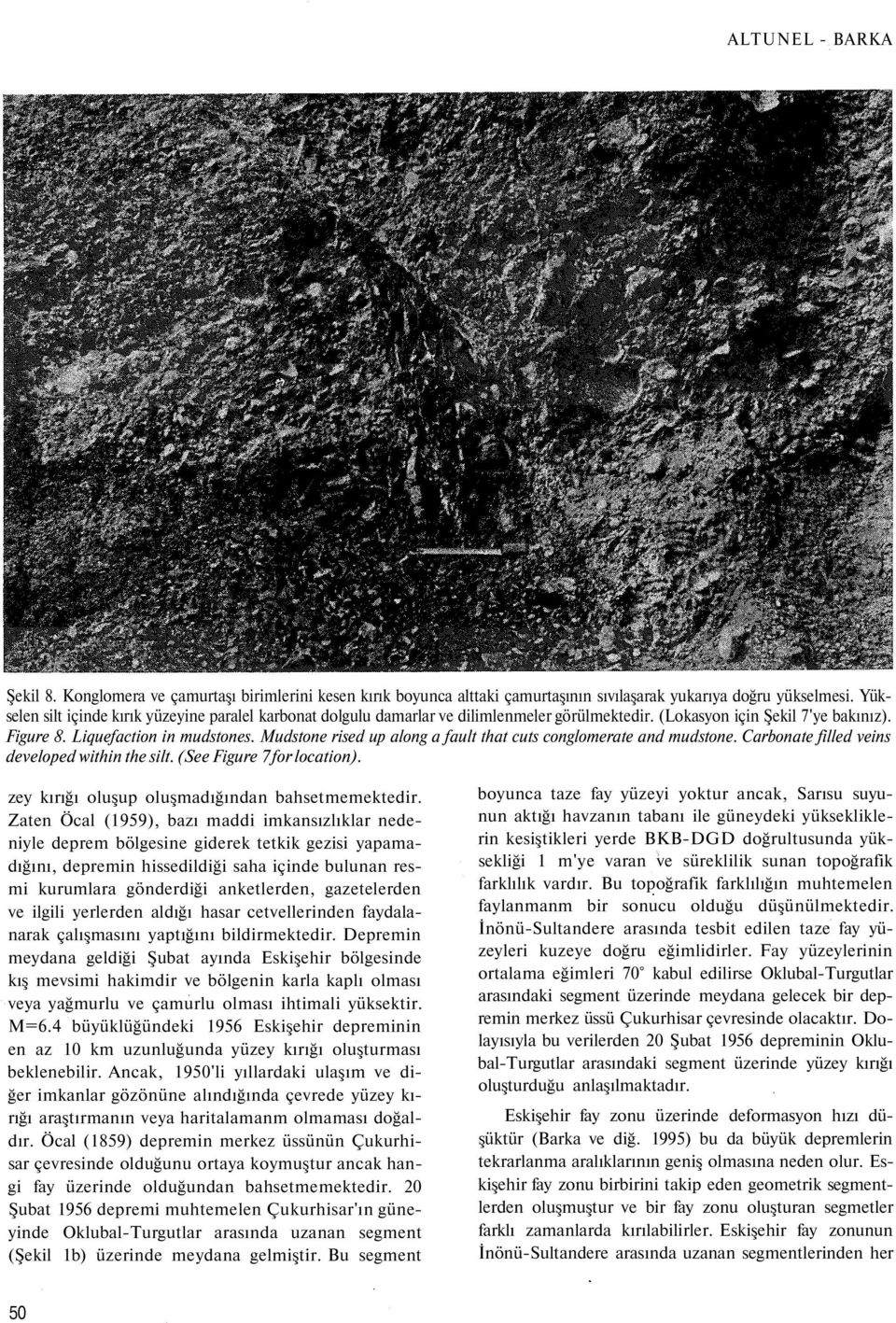 Mudstone rised up along a fault that cuts conglomerate and mudstone. Carbonate filled veins developed within the silt. (See Figure 7 for location). zey kırığı oluşup oluşmadığından bahsetmemektedir.