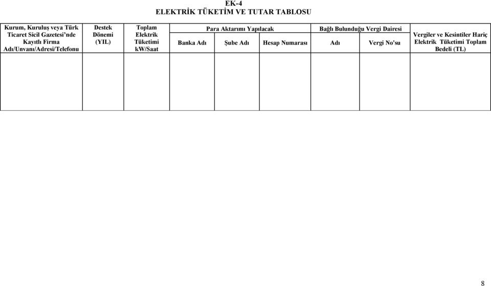 Tüketimi kw/saat Para Aktarımı Yapılacak Bağlı Bulunduğu Vergi Dairesi Banka Adı Şube