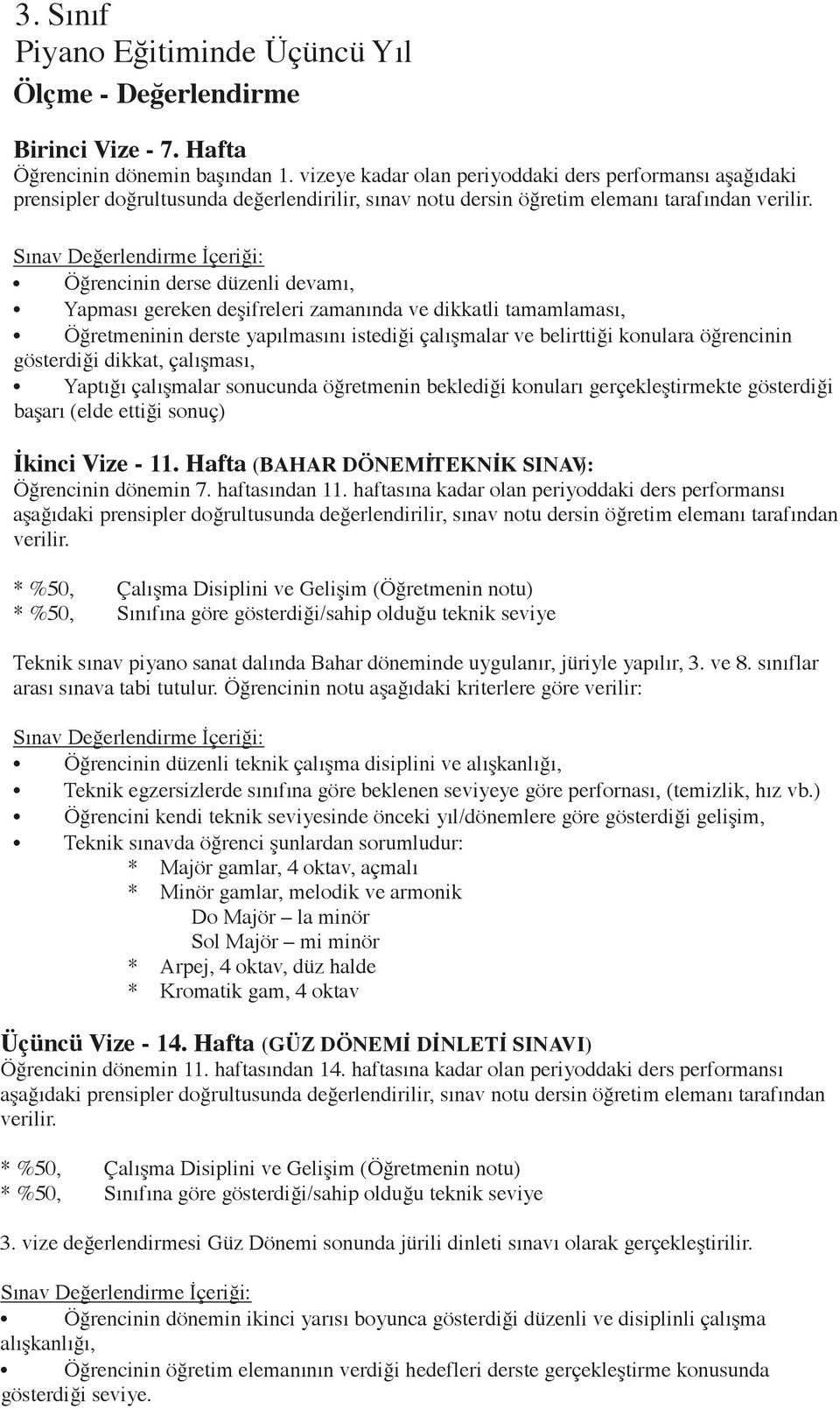 haftasına kadar olan periyoddaki ders performansı Teknik sınav piyano sanat dalında Bahar döneminde uygulanır, jüriyle yapılır, 3. ve 8. sınıflar arası sınava tabi tutulur.