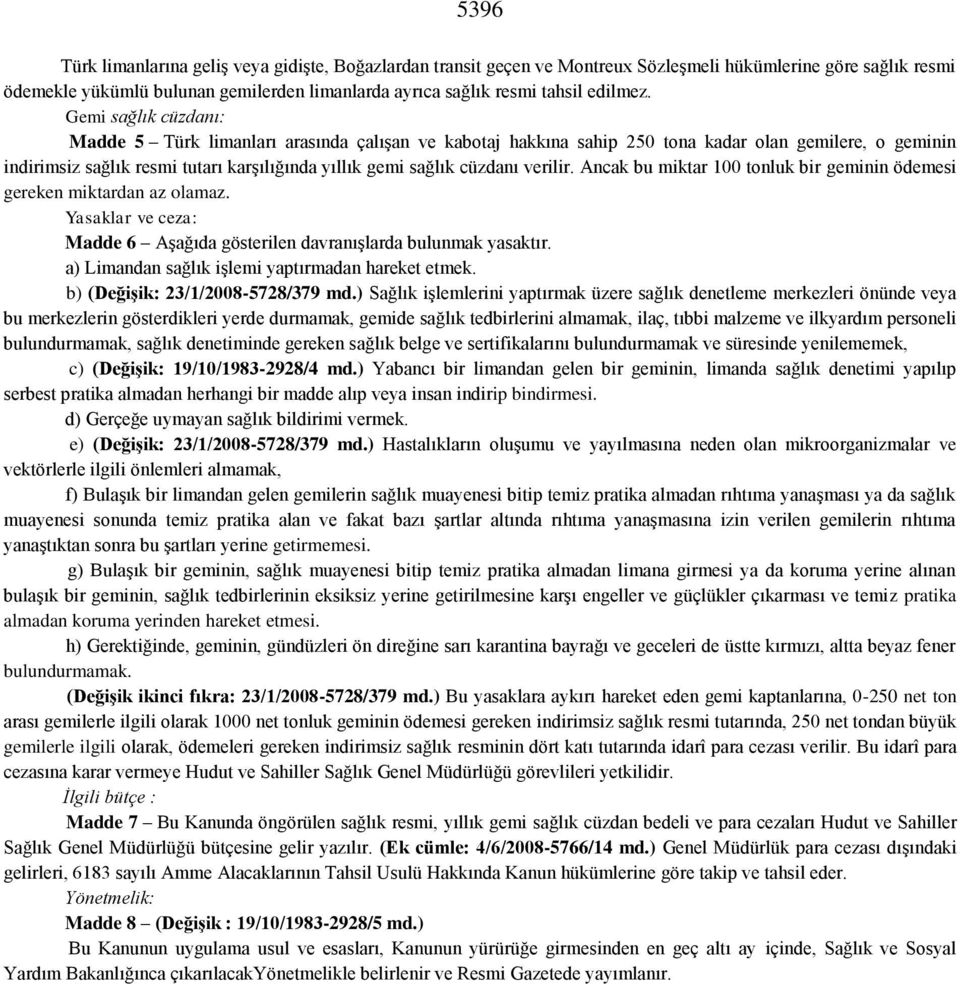 Gemi sağlık cüzdanı: Madde 5 Türk limanları arasında çalışan ve kabotaj hakkına sahip 250 tona kadar olan gemilere, o geminin indirimsiz sağlık resmi tutarı karşılığında yıllık gemi sağlık cüzdanı