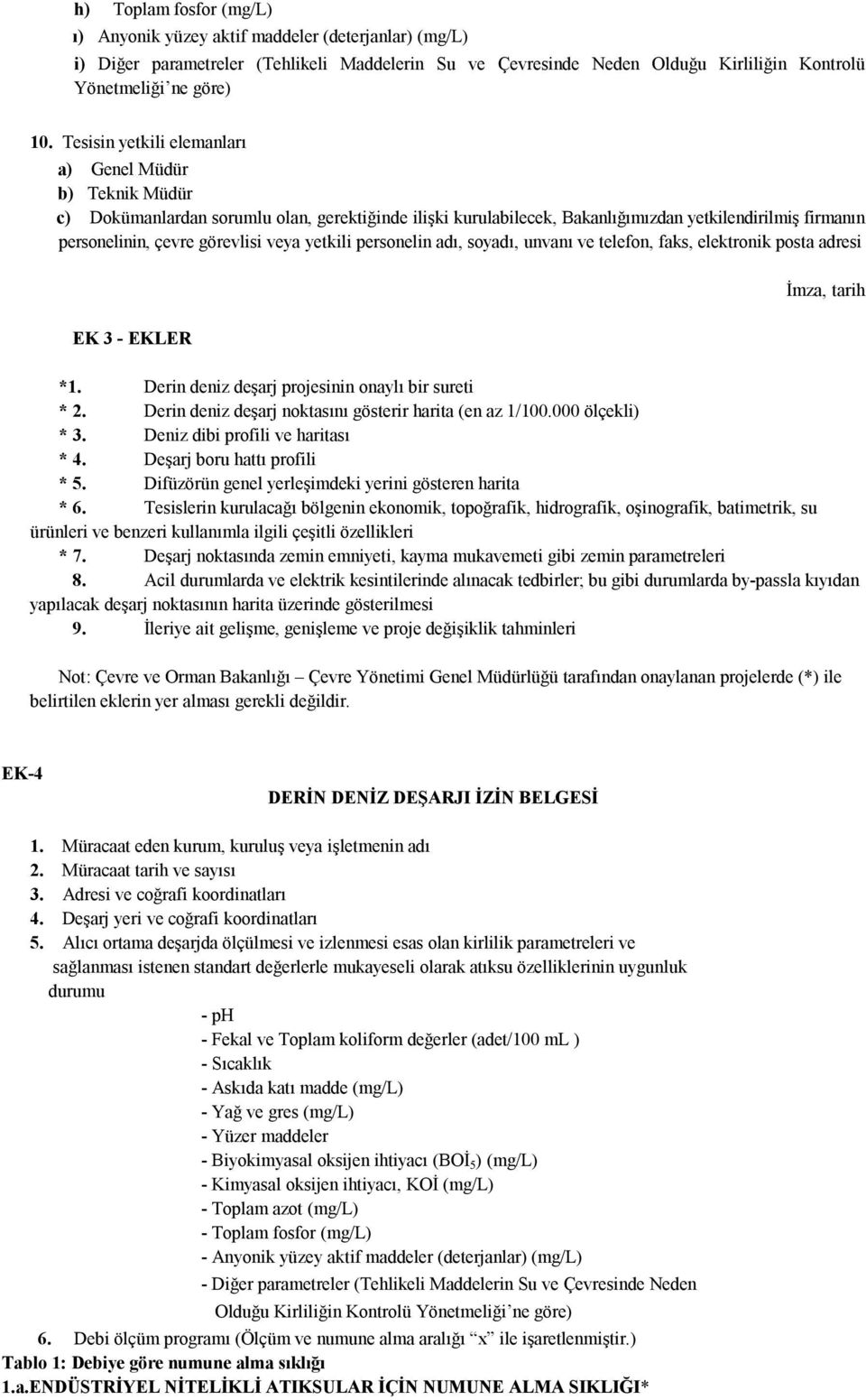 veya yetkili personelin adı, soyadı, unvanı ve telefon, faks, elektronik posta adresi İmza, tarih EK 3 - EKLER *1. Derin deniz deşarj projesinin onaylı bir sureti * 2.