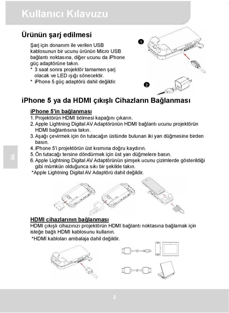 Projektörün HDMI bölmesi kapağını çıkarın. 2. Apple Lightning Digital AV Adaptörünün HDMI bağlantı ucunu projektörün HDMI bağlantısına takın. 3.