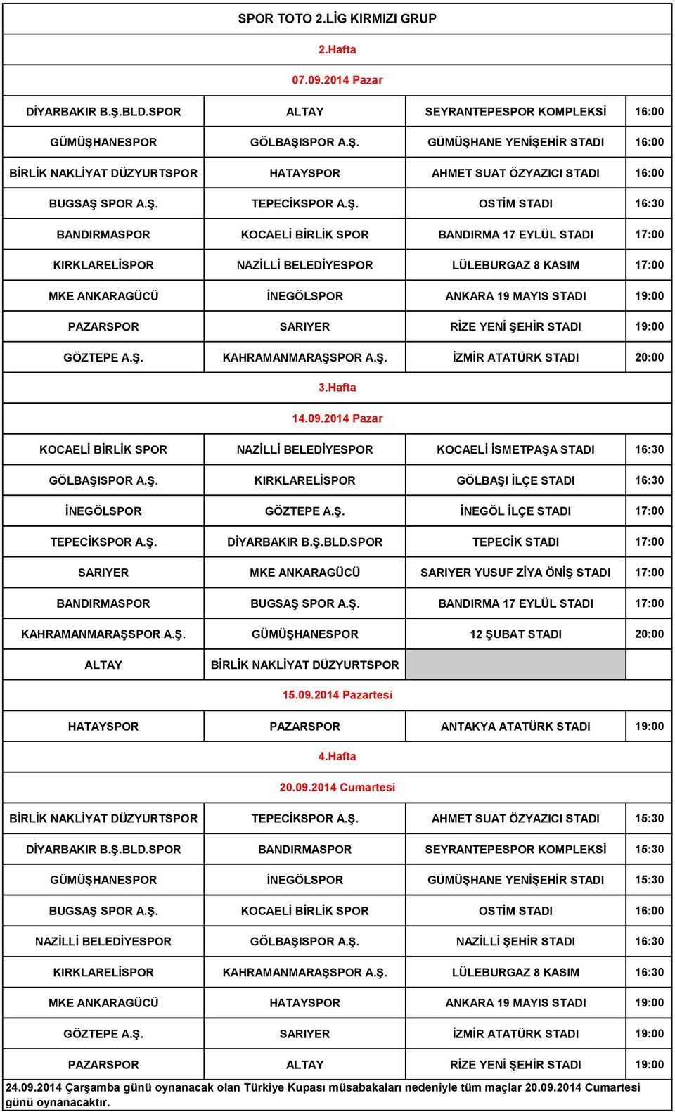 MAYIS STADI 19:00 PAZARSPOR SARIYER RİZE YENİ ŞEHİR STADI 19:00 GÖZTEPE A.Ş. KAHRAMANMARAŞSPOR A.Ş. İZMİR ATATÜRK STADI 20:00 3.Hafta 14.09.