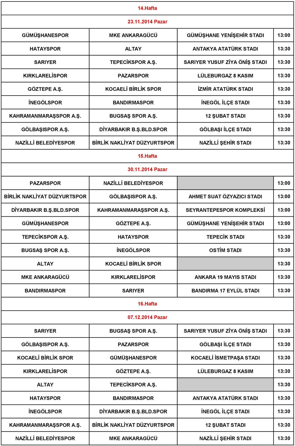 SPOR GÖLBAŞI İLÇE STADI 13:30 NAZİLLİ BELEDİYESPOR BİRLİK NAKLİYAT DÜZYURTSPOR NAZİLLİ ŞEHİR STADI 13:30 15.Hafta 30.11.