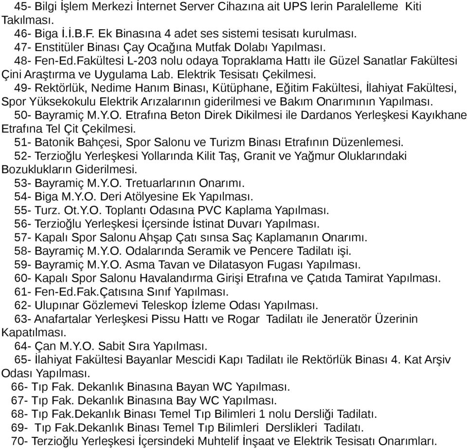 Elektrik Tesisatı 49- Rektörlük, Nedime Hanım Binası, Kütüphane, Eğitim Fakültesi, İlahiyat Fakültesi, Spor Yüksekokulu Elektrik Arızalarının giderilmesi ve Bakım Onarımının Yapılması. 50- Bayramiç M.