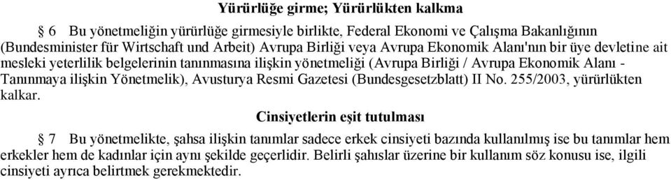 Yönetmelik), Avusturya Resmi Gazetesi (Bundesgesetzblatt) II No. 255/2003, yürürlükten kalkar.