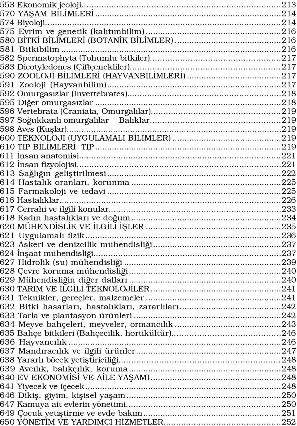 ..218 595 DiÛer omurgasýzlar...218 596 Vertebrata (Craniata, OmurgalÝlar)...219 597 SoÛukkanlÝ omurgalýlar BalÝklar...219 598 Aves (Kußlar)...219 600 TEKNOLOJÜ (UYGULAMALI BÜLÜMLER).