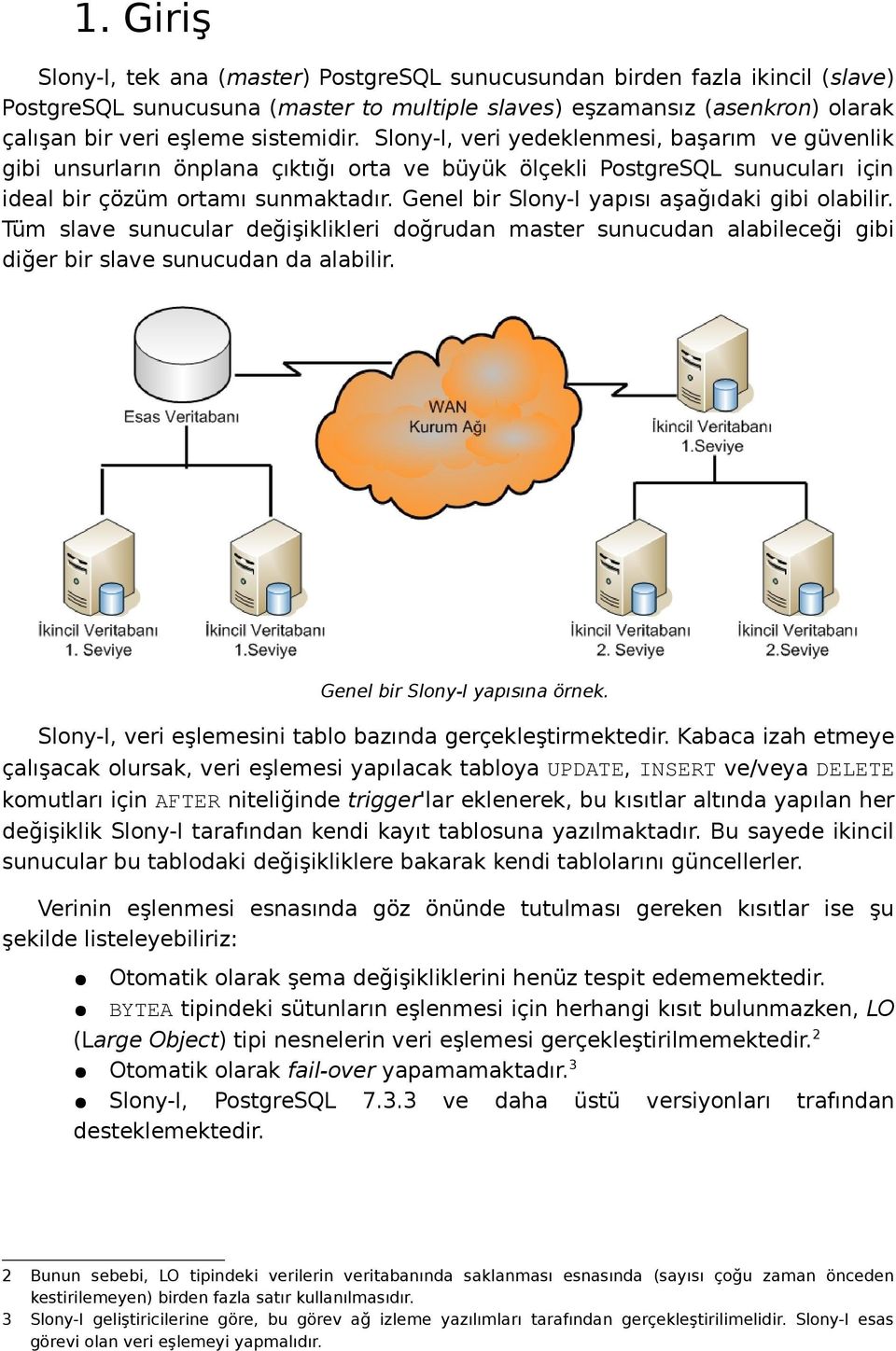 Genel bir Slony-I yapısı aşağıdaki gibi olabilir. Tüm slave sunucular değişiklikleri doğrudan master sunucudan alabileceği gibi diğer bir slave sunucudan da alabilir. Genel bir Slony-I yapısına örnek.