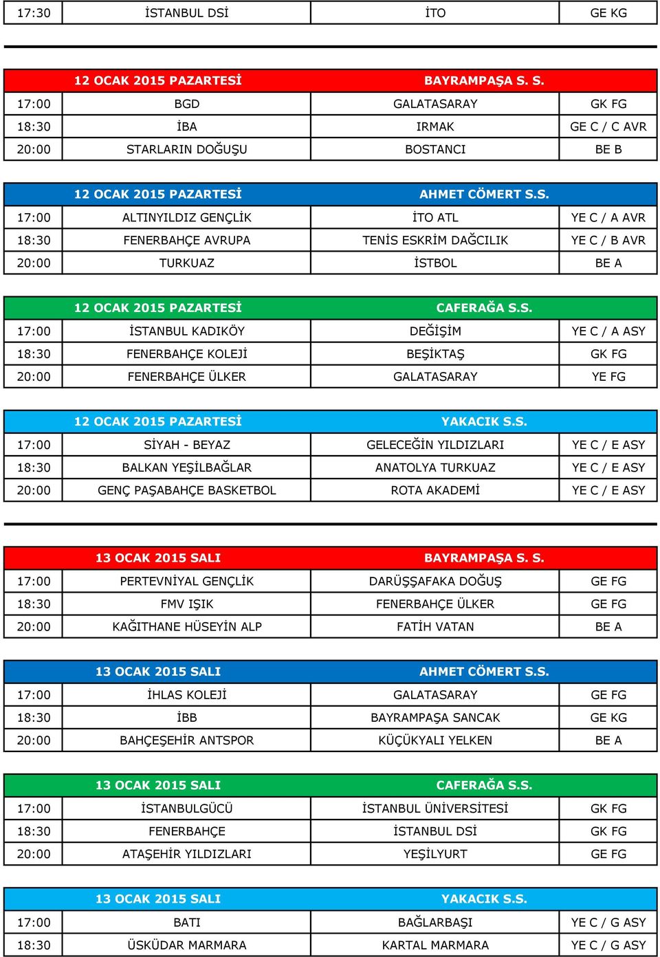 S. 17:00 SİYAH - BEYAZ GELECEĞİN YILDIZLARI YE C / E ASY 18:30 BALKAN YEŞİLBAĞLAR ANATOLYA TURKUAZ YE C / E ASY 20:00 GENÇ PAŞABAHÇE BASKETBOL ROTA AKADEMİ YE C / E ASY 13 OCAK 2015 SALI BAYRAMPAŞA S.