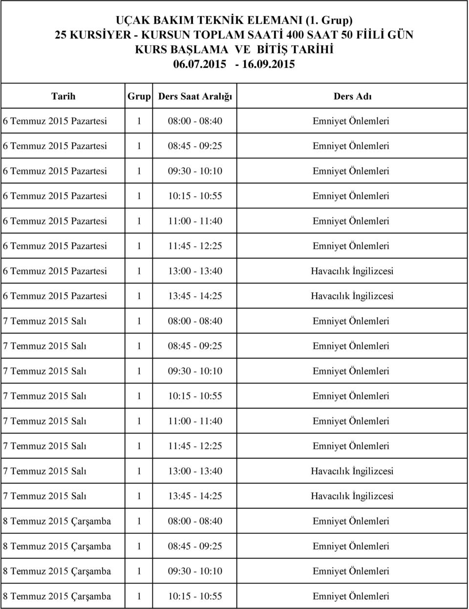 Emniyet Önlemleri 6 Temmuz 2015 Pazartesi 1 10:15-10:55 Emniyet Önlemleri 6 Temmuz 2015 Pazartesi 1 11:00-11:40 Emniyet Önlemleri 6 Temmuz 2015 Pazartesi 1 11:45-12:25 Emniyet Önlemleri 6 Temmuz 2015