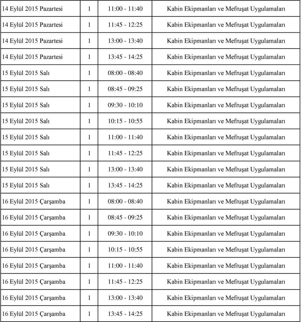 15 Eylül 2015 Salı 1 08:45-09:25 Kabin Ekipmanları ve Mefruşat Uygulamaları 15 Eylül 2015 Salı 1 09:30-10:10 Kabin Ekipmanları ve Mefruşat Uygulamaları 15 Eylül 2015 Salı 1 10:15-10:55 Kabin