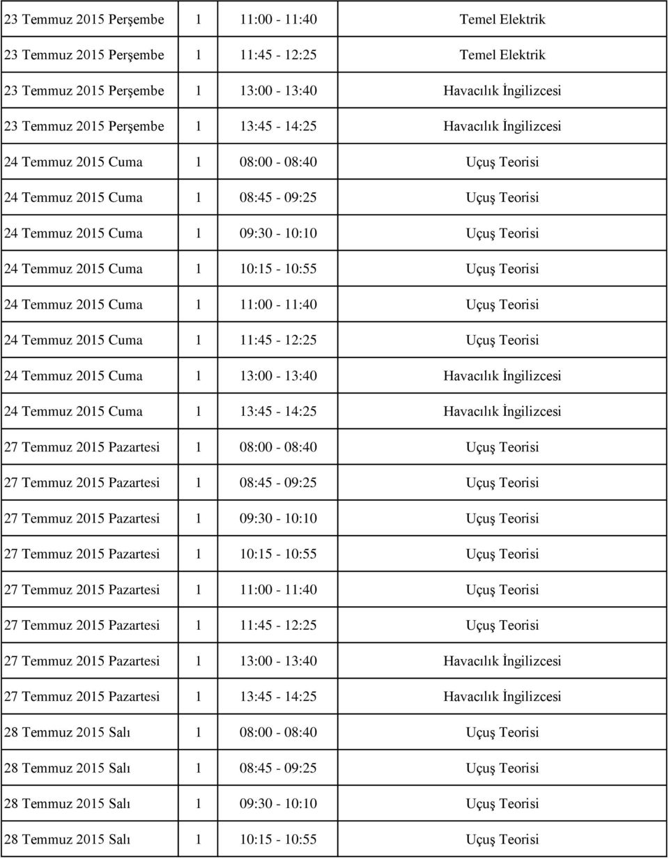 10:15-10:55 Uçuş Teorisi 24 Temmuz 2015 Cuma 1 11:00-11:40 Uçuş Teorisi 24 Temmuz 2015 Cuma 1 11:45-12:25 Uçuş Teorisi 24 Temmuz 2015 Cuma 1 13:00-13:40 Havacılık İngilizcesi 24 Temmuz 2015 Cuma 1