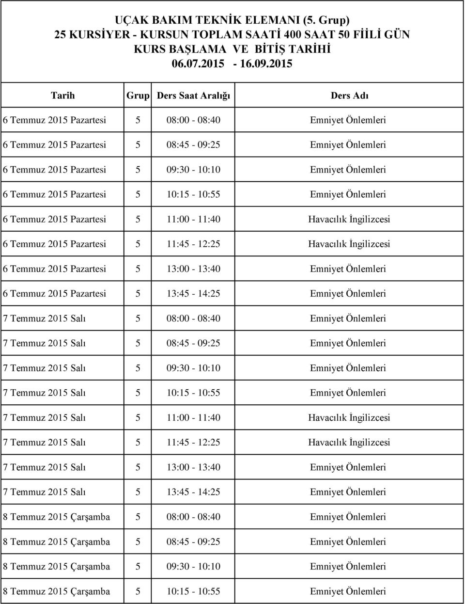 Emniyet Önlemleri 6 Temmuz 2015 Pazartesi 5 10:15-10:55 Emniyet Önlemleri 6 Temmuz 2015 Pazartesi 5 11:00-11:40 Havacılık İngilizcesi 6 Temmuz 2015 Pazartesi 5 11:45-12:25 Havacılık İngilizcesi 6