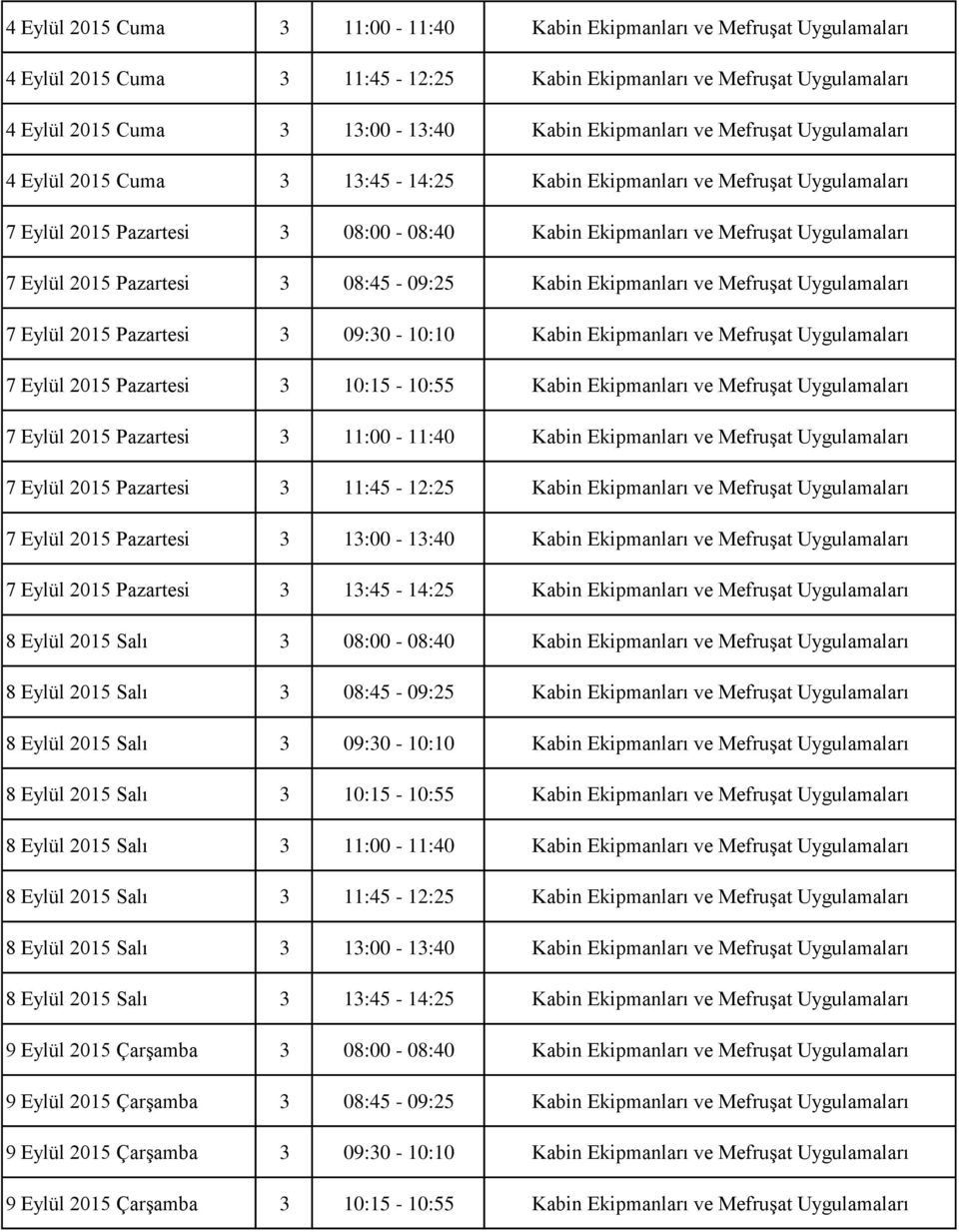 Pazartesi 3 08:45-09:25 Kabin Ekipmanları ve Mefruşat Uygulamaları 7 Eylül 2015 Pazartesi 3 09:30-10:10 Kabin Ekipmanları ve Mefruşat Uygulamaları 7 Eylül 2015 Pazartesi 3 10:15-10:55 Kabin