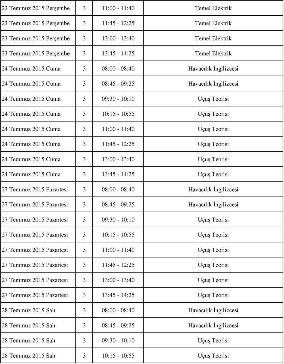 10:15-10:55 Uçuş Teorisi 24 Temmuz 2015 Cuma 3 11:00-11:40 Uçuş Teorisi 24 Temmuz 2015 Cuma 3 11:45-12:25 Uçuş Teorisi 24 Temmuz 2015 Cuma 3 13:00-13:40 Uçuş Teorisi 24 Temmuz 2015 Cuma 3 13:45-14:25