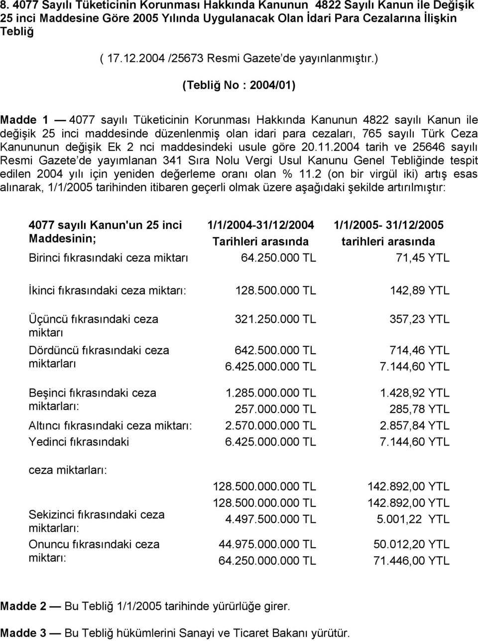 ) (Tebliğ No : 2004/01) Madde 1 4077 sayılı Tüketicinin Korunması Hakkında Kanunun 4822 sayılı Kanun ile değişik 25 inci maddesinde düzenlenmiş olan idari para cezaları, 765 sayılı Türk Ceza