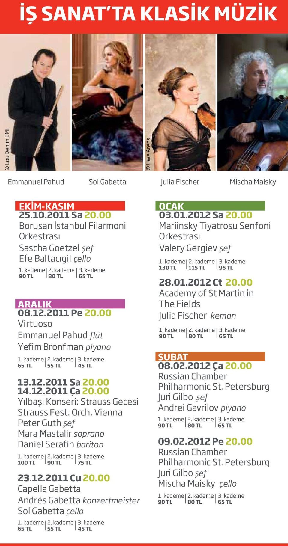 12.2011 Sa 20.00 14.12.2011 Ça 20.00 Yılbaşı Konseri: Strauss Gecesi Strauss Fest. Orch. Vienna Peter Guth şef Mara Mastalir soprano Daniel Serafin bariton 100 TL 90 TL 75 TL 23.12.2011 Cu 20.