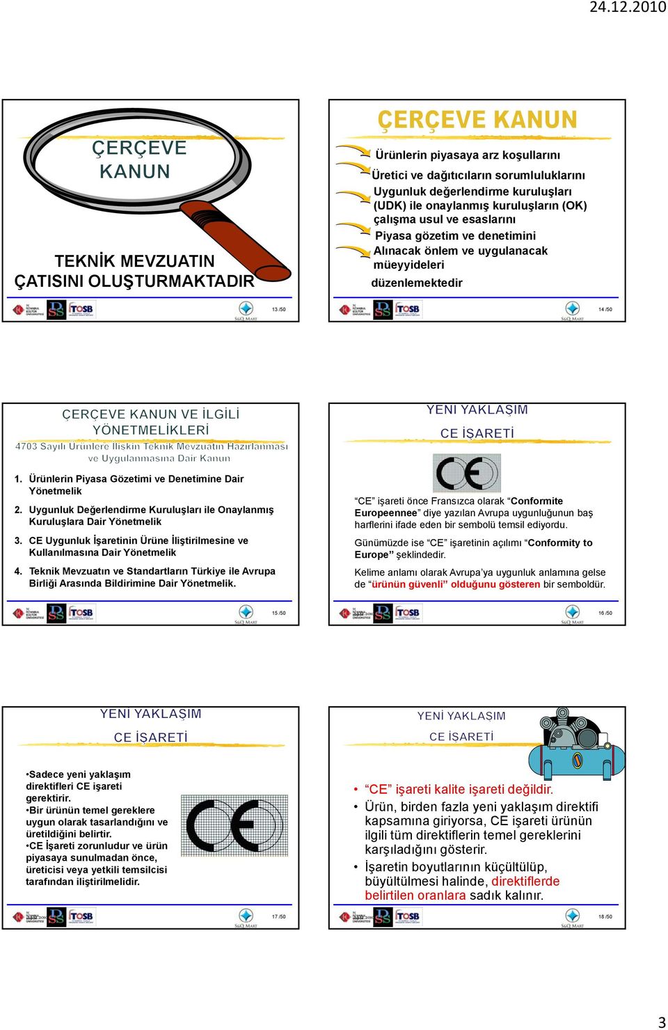 Uygunluk Değerlendirme ğ Kuruluşları ş ile Onaylanmış ş Kuruluşlara Dair Yönetmelik 3. CE Uygunluk İşaretinin Ürüne İliştirilmesine ve Kullanılmasına Dair Yönetmelik 4.