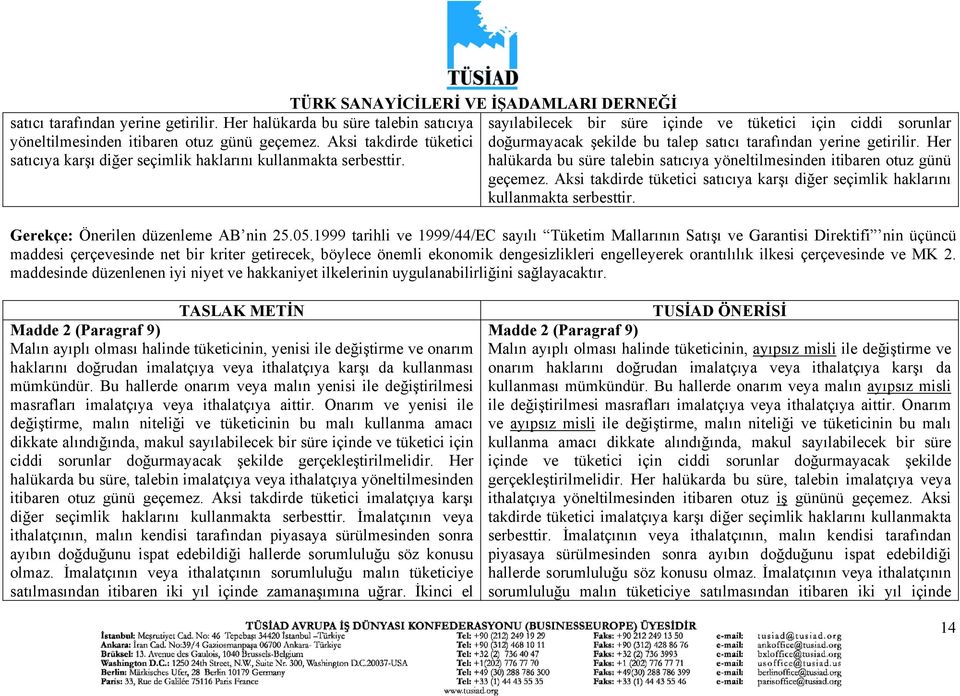 TÜRK SANAYİCİLERİ VE İŞADAMLARI DERNEĞİ sayılabilecek bir süre içinde ve tüketici için ciddi sorunlar doğurmayacak şekilde bu talep   Gerekçe: Önerilen düzenleme AB nin 25.05.