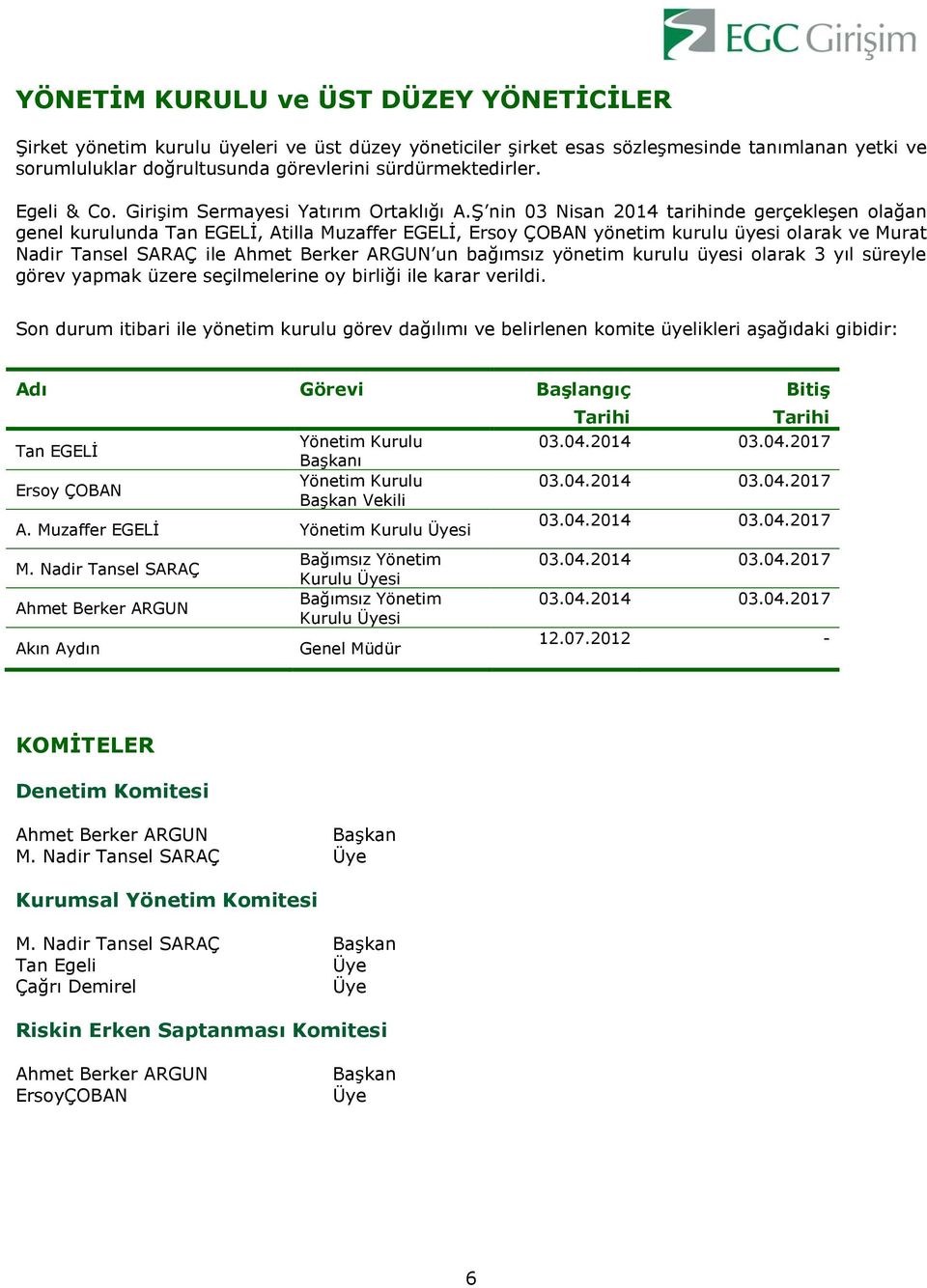 Ş nin 03 Nisan 2014 tarihinde gerçekleşen olağan genel kurulunda Tan EGELİ, Atilla Muzaffer EGELİ, Ersoy ÇOBAN yönetim kurulu üyesi olarak ve Murat Nadir Tansel SARAÇ ile Ahmet Berker ARGUN un