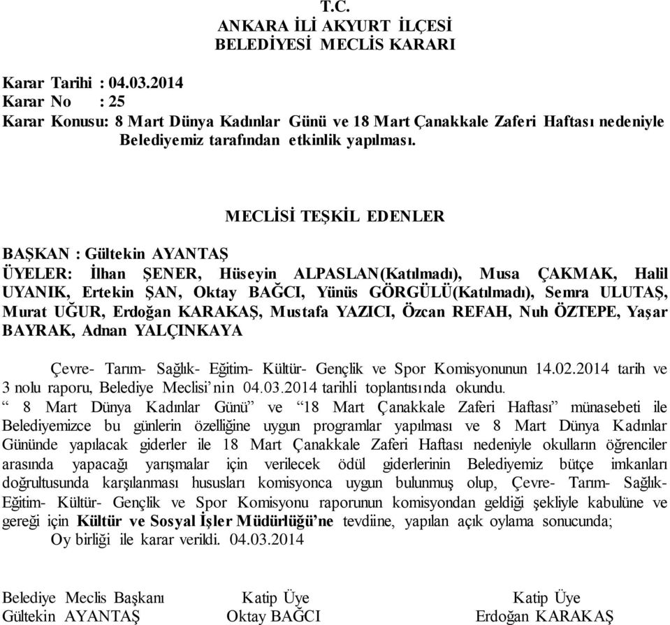 REFAH, Nuh ÖZTEPE, Yaşar BAYRAK, Adnan YALÇINKAYA Çevre- Tarım- Sağlık- Eğitim- Kültür- Gençlik ve Spor Komisyonunun 14.02.2014 tarih ve 3 nolu raporu, Belediye Meclisi nin 04.03.