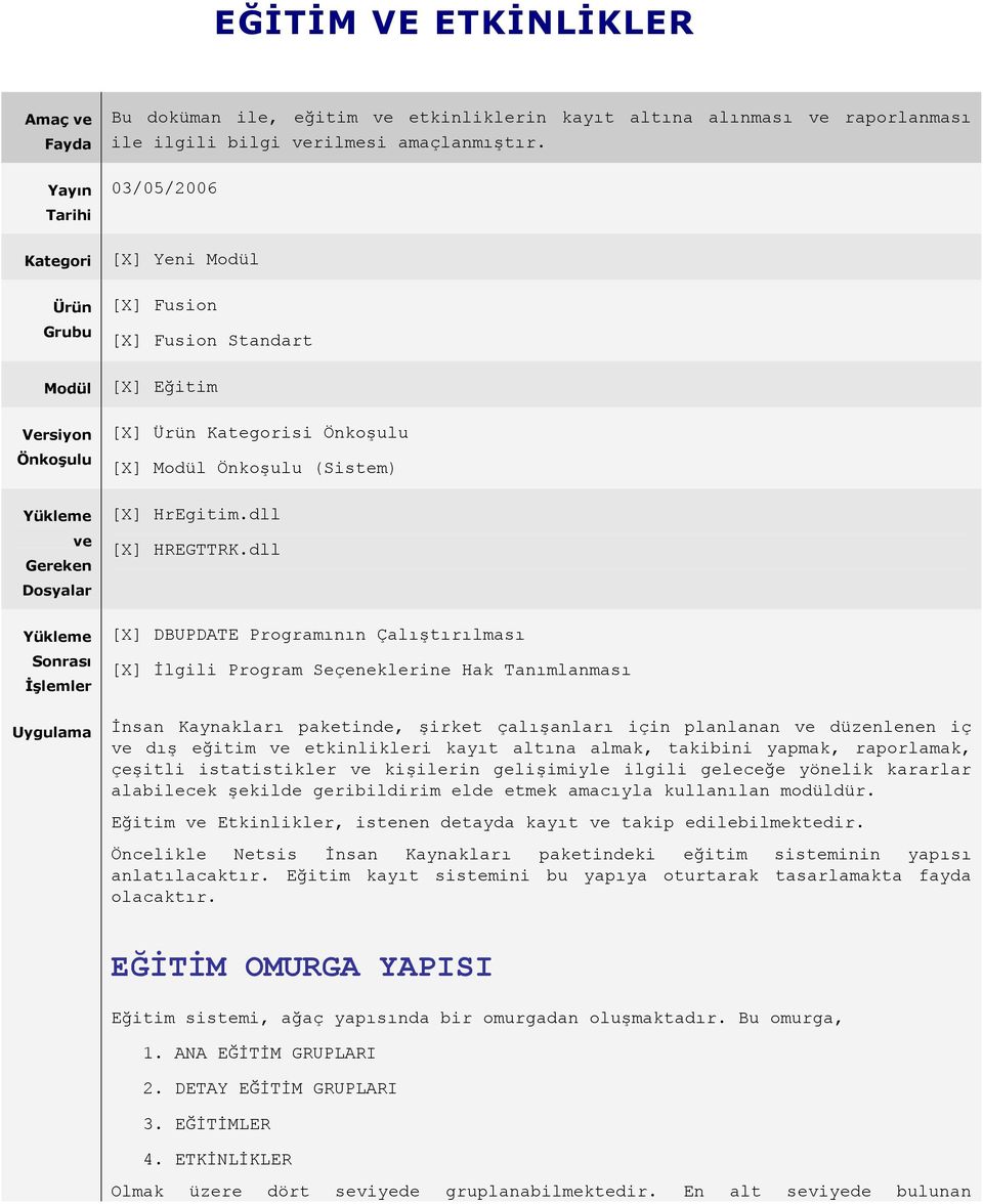 03/05/2006 [X] Yeni Modül [X] Fusion [X] Fusion Standart [X] Eğitim [X] Ürün Kategorisi Önkoşulu [X] Modül Önkoşulu (Sistem) [X] HrEgitim.dll [X] HREGTTRK.
