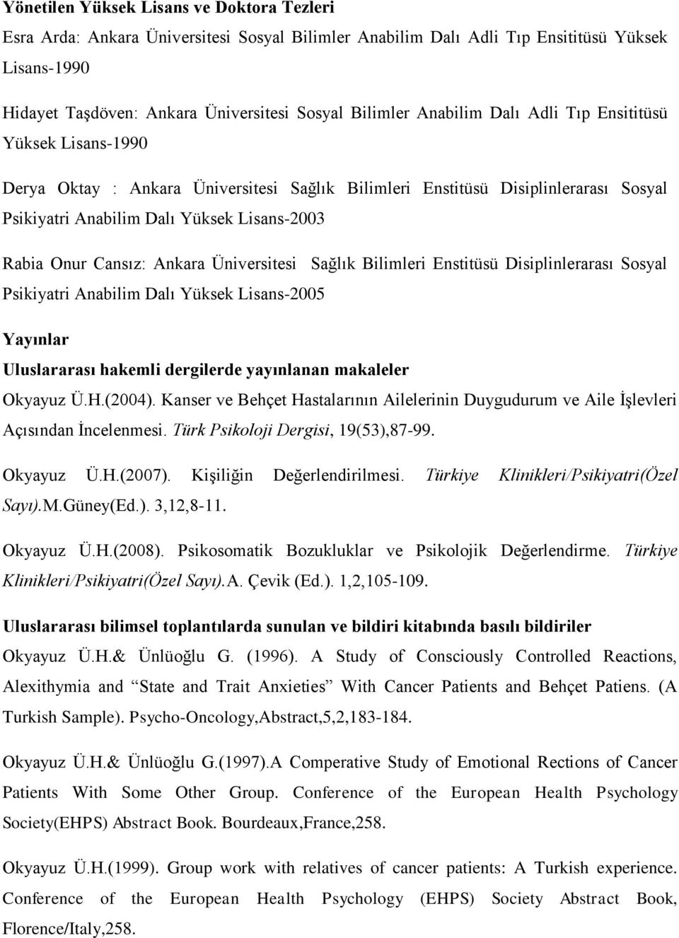 Ankara Üniversitesi Sağlık Bilimleri Enstitüsü Disiplinlerarası Sosyal Psikiyatri Anabilim Dalı Yüksek Lisans2005 Yayınlar Uluslararası hakemli dergilerde yayınlanan makaleler Okyayuz Ü.H.(2004).