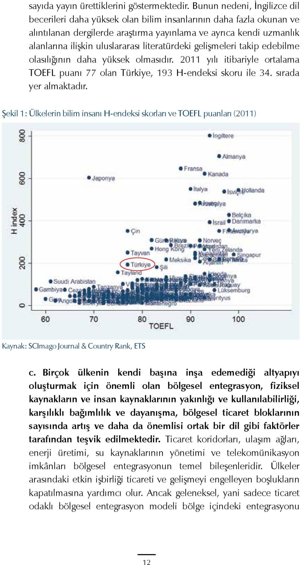 literatürdeki gelişmeleri takip edebilme olasılığının daha yüksek olmasıdır. 2011 yılı itibariyle ortalama TOEFL puanı 77 olan Türkiye, 193 H-endeksi skoru ile 34. sırada yer almaktadır.