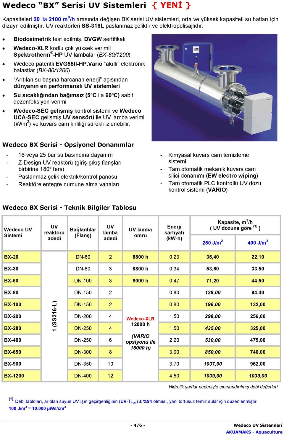 Biodosimetrik test edilmiş, DVGW sertifikalı Wedeco-XLR kodlu çok yüksek verimli Spektrotherm -HP lar (BX-80/1200) Wedeco patentli EVG55II-HP.