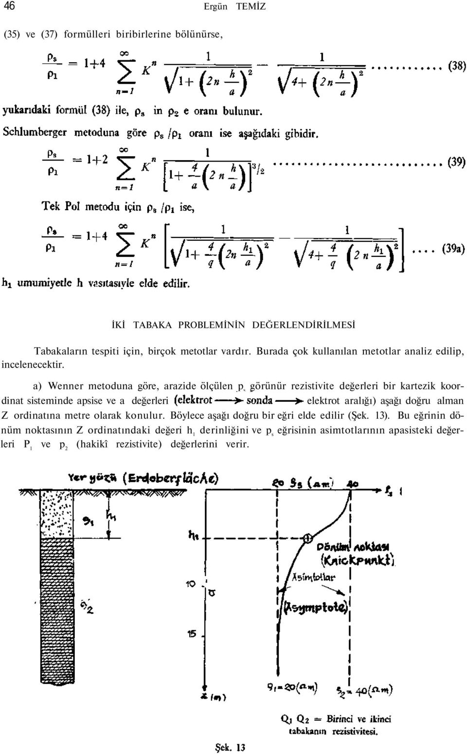a) Wenner metoduna göre, arazide ölçülen p s görünür rezistivite değerleri bir kartezik koordinat sisteminde apsise ve a değerleri elektrot aralığı) aşağı doğru