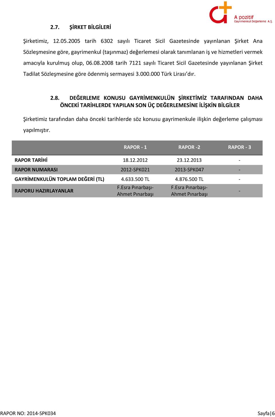 2008 tarih 7121 sayılı Ticaret Sicil Gazetesinde yayınlanan Şirket Tadilat Sözleşmesine göre ödenmiş sermayesi 3.000.000 Türk Lirası dır. 2.8. DEĞERLEME KONUSU GAYRİMENKULÜN ŞİRKETİMİZ TARAFINDAN