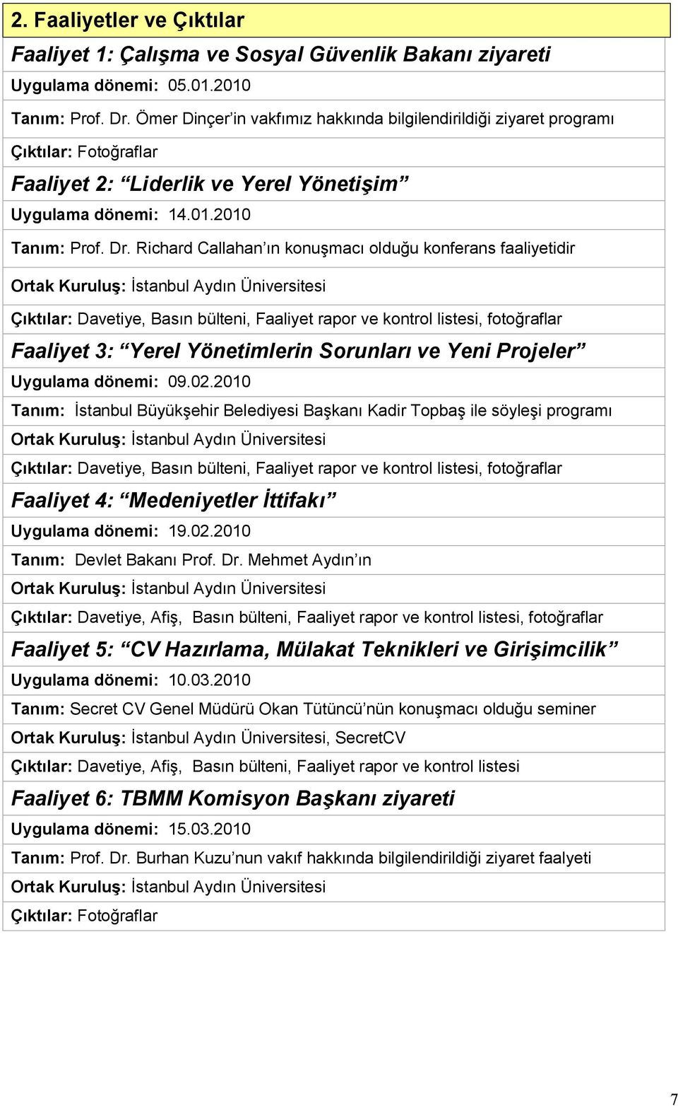 Richard Callahan ın konuşmacı olduğu konferans faaliyetidir Ortak Kuruluş: İstanbul Aydın Üniversitesi Çıktılar: Davetiye, Basın bülteni, Faaliyet rapor ve kontrol listesi, fotoğraflar Faaliyet 3: