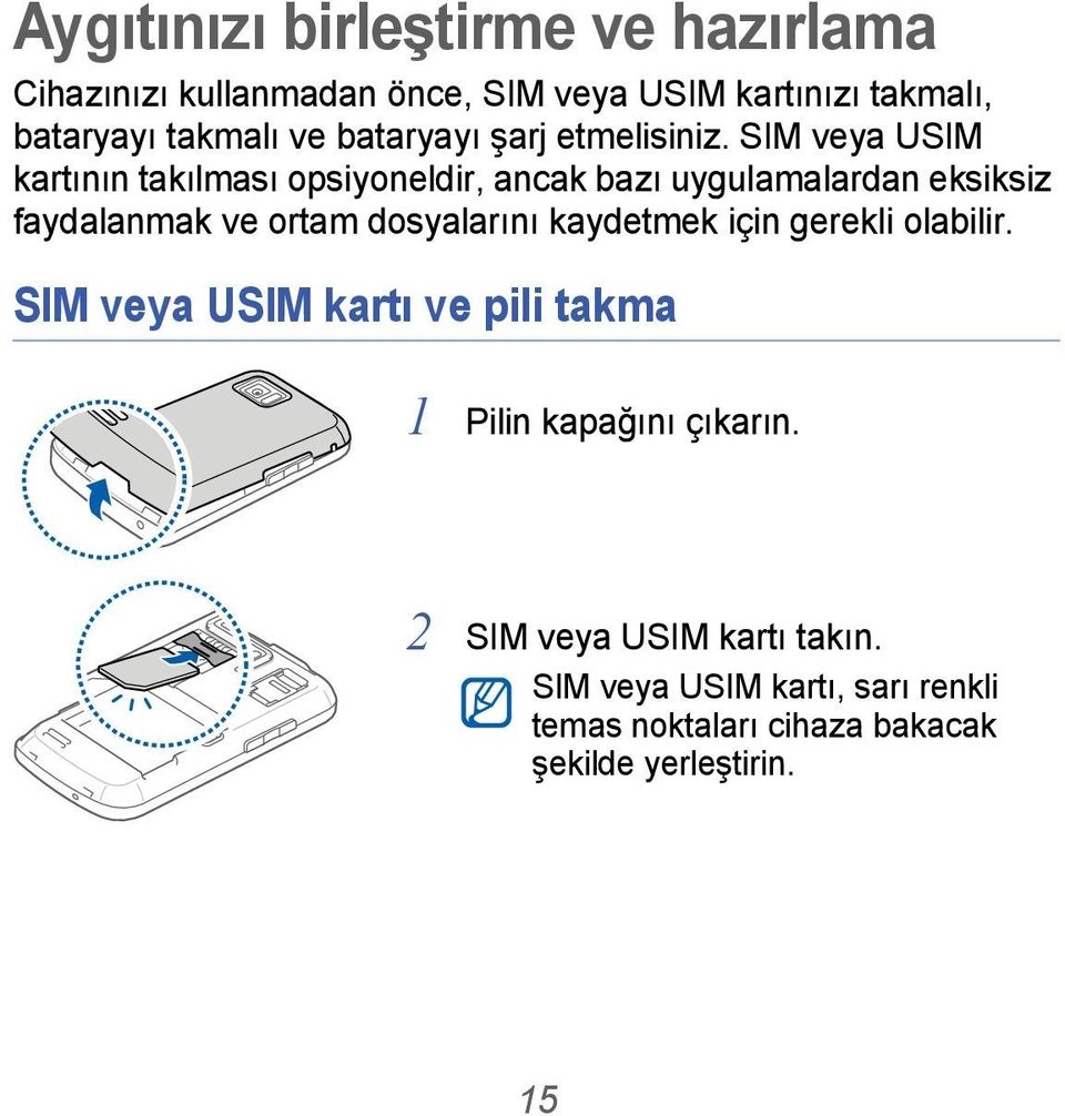 SIM veya USIM kartının takılması opsiyoneldir, ancak bazı uygulamalardan eksiksiz faydalanmak ve ortam dosyalarını