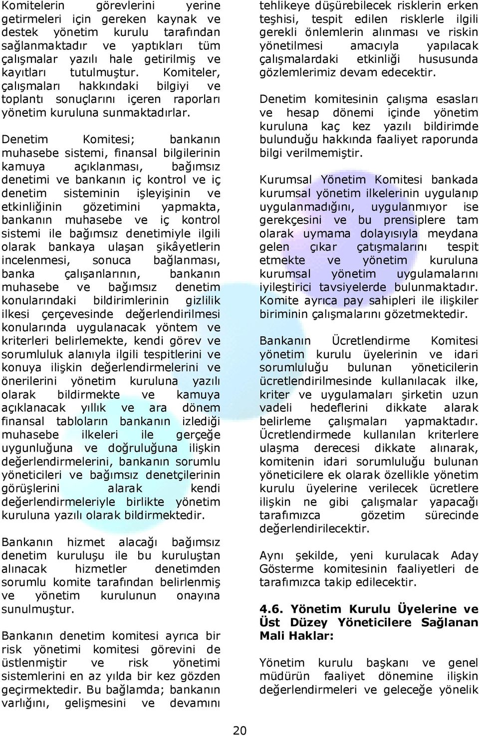 Denetim Komitesi; bankanın muhasebe sistemi, finansal bilgilerinin kamuya açıklanması, bağımsız denetimi ve bankanın iç kontrol ve iç denetim sisteminin işleyişinin ve etkinliğinin gözetimini