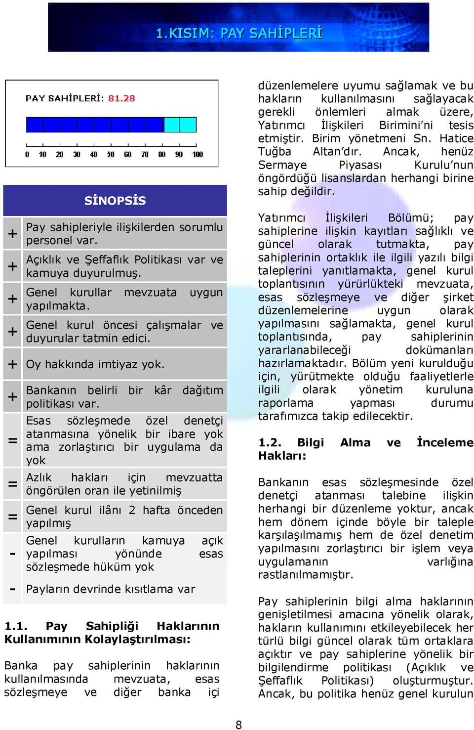 Esas sözleşmede özel denetçi atanmasına yönelik bir ibare yok ama zorlaştırıcı bir uygulama da yok Azlık hakları için mevzuatta öngörülen oran ile yetinilmiş Genel kurul ilânı 2 hafta önceden