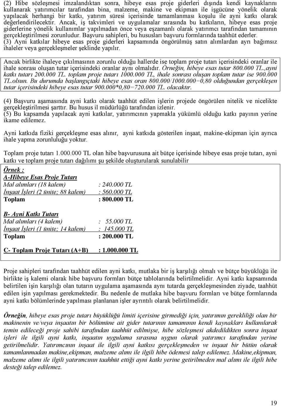 Ancak, iş takvimleri ve uygulamalar sırasında bu katkıların, hibeye esas proje giderlerine yönelik kullanımlar yapılmadan önce veya eşzamanlı olarak yatırımcı tarafından tamamının gerçekleştirilmesi