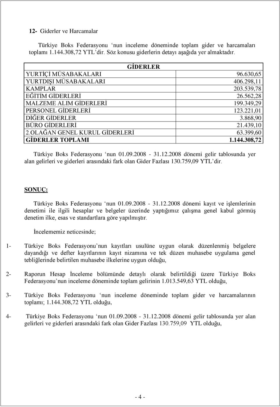 868,90 BÜRO GĠDERLERĠ 21.439,10 2.OLAĞAN GENEL KURUL GĠDERLERĠ 63.399,60 GİDERLER TOPLAMI 1.144.308,72 Türkiye Boks Federasyonu nun 01.09.2008-31.12.