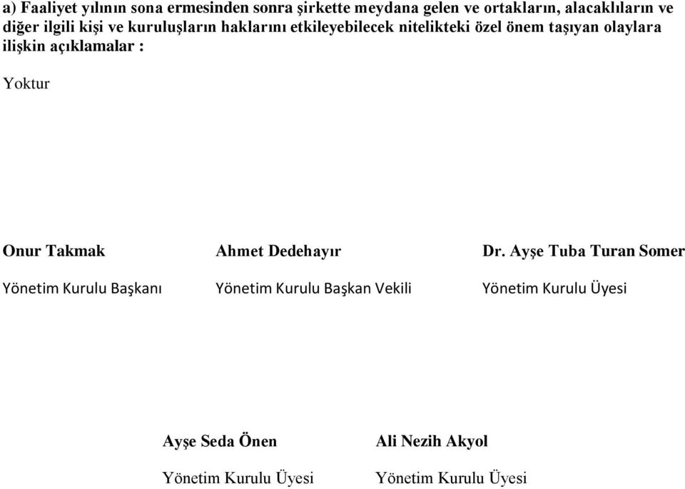 açıklamalar : Yoktur Onur Takmak Ahmet Dedehayır Dr.