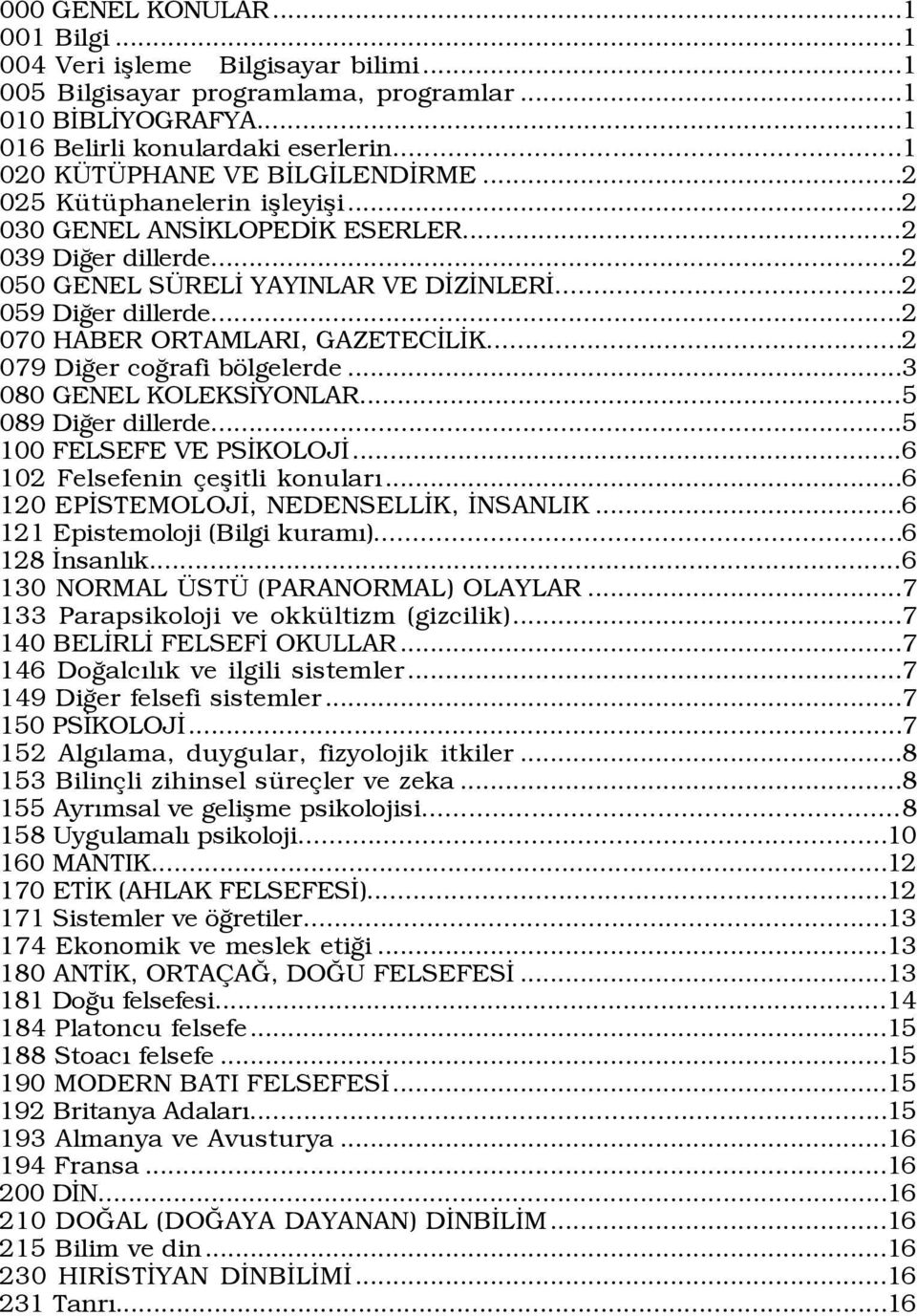 ..2 070 HABER ORTAMLARI, GAZETECÜLÜK...2 079 DiÛer coûrafi bšlgelerde...3 080 GENEL KOLEKSÜYONLAR...5 089 DiÛer dillerde...5 100 FELSEFE VE PSÜKOLOJÜ...6 102 Felsefenin eßitli konularý.