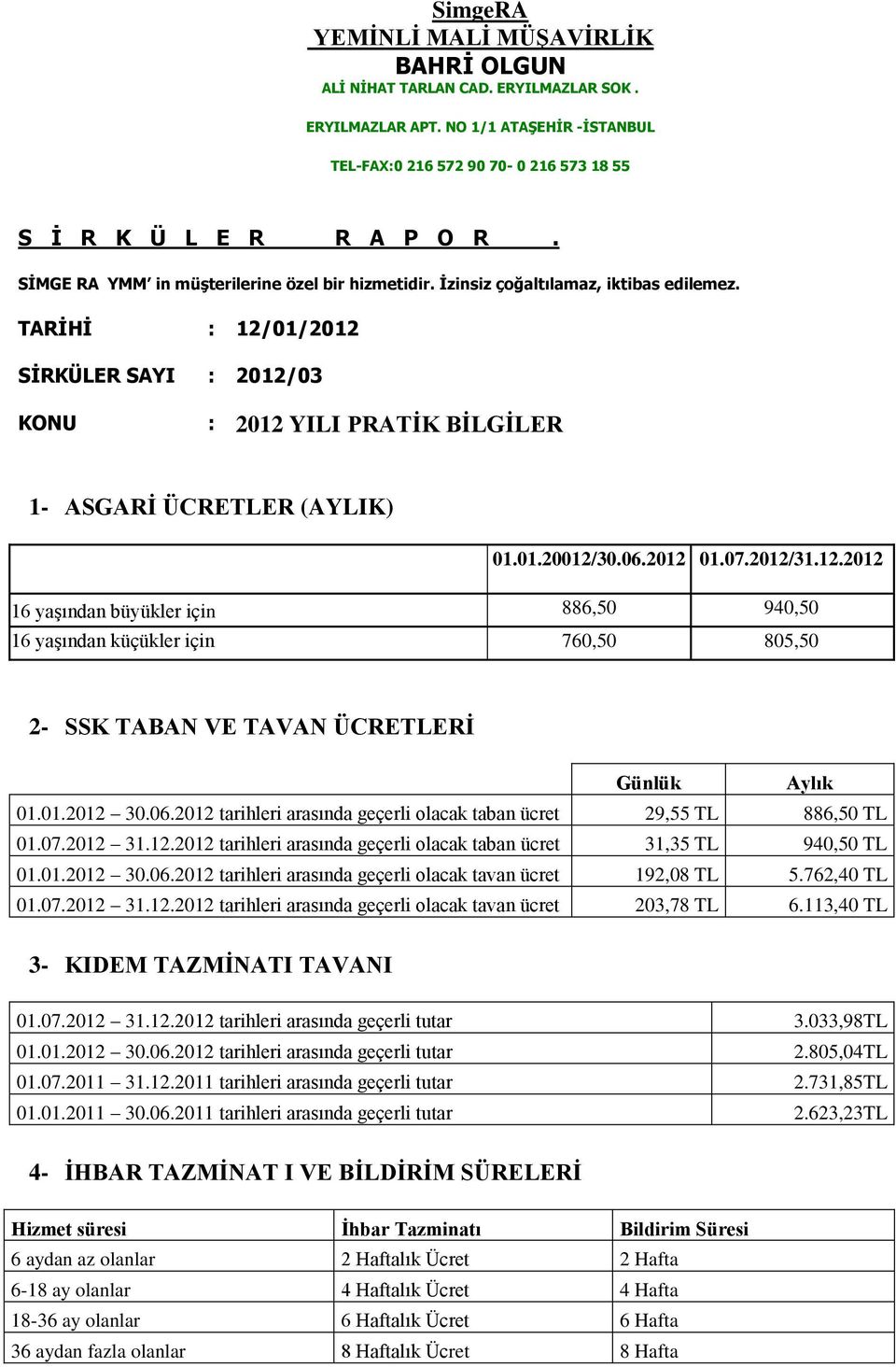 01.20012/30.06.2012 01.07.2012/31.12.2012 16 yaşından büyükler için 886,50 940,50 16 yaşından küçükler için 760,50 805,50 2- SSK TABAN VE TAVAN ÜCRETLERİ Günlük Aylık 01.01.2012 30.06.2012 tarihleri arasında geçerli olacak taban ücret 29,55 TL 886,50 TL 01.