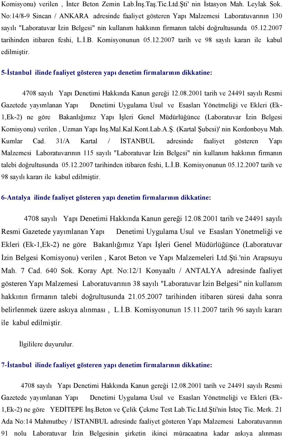 2007 tarihinden itibaren feshi, L.İ.B. Komisyonunun 05.12.2007 tarih ve 98 sayılı kararı ile kabul edilmiştir.