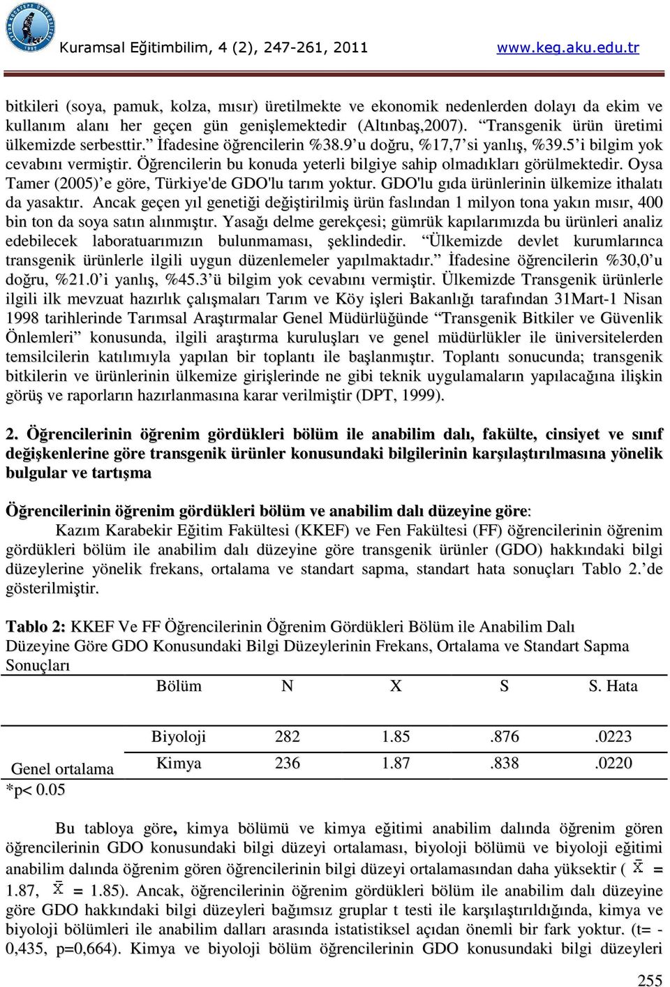 Oysa Tamer (2005) e göre, Türkiye'de GDO'lu tarım yoktur. GDO'lu gıda ürünlerinin ülkemize ithalatı da yasaktır.