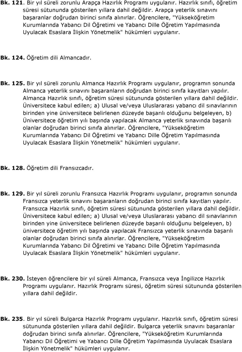 Öğrencilere, "Yükseköğretim Kurumlarında Yabancı Dil Öğretimi ve Yabancı Dille Öğretim Yapılmasında Uyulacak Esaslara İlişkin Yönetmelik" hükümleri uygulanır. Bk. 124. Öğretim dili Almancadır. Bk. 125.